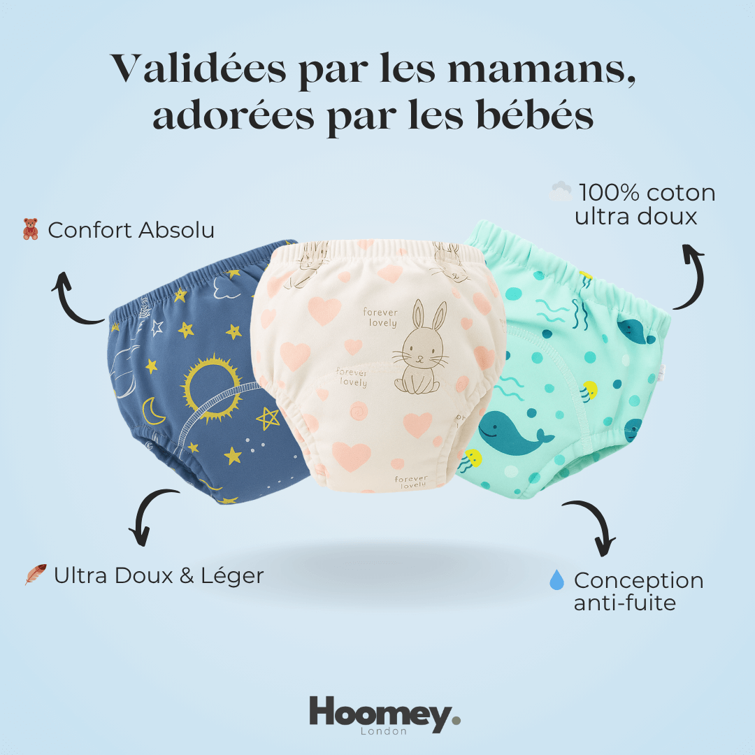 Culottes d’apprentissage bébé réutilisables Hoomey – sous-vêtements lavables, anti-fuites, doux, écologiques pour apprentissage de la propreté