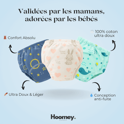 Culottes d’apprentissage bébé réutilisables Hoomey – sous-vêtements lavables, anti-fuites, doux, écologiques pour apprentissage de la propreté