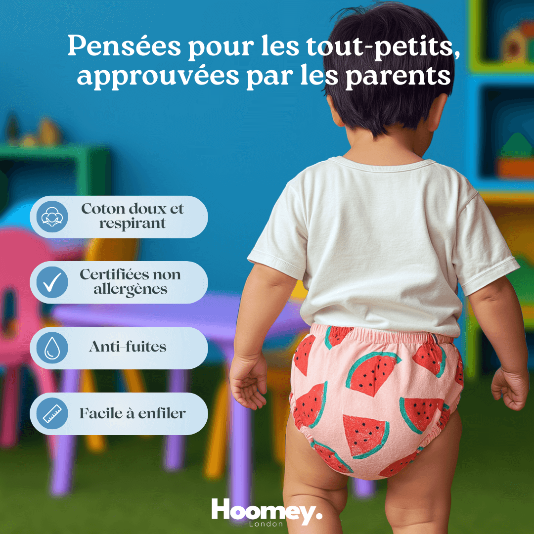 Culottes d’apprentissage bébé réutilisables Hoomey – sous-vêtements lavables, anti-fuites, doux, écologiques pour apprentissage de la propreté