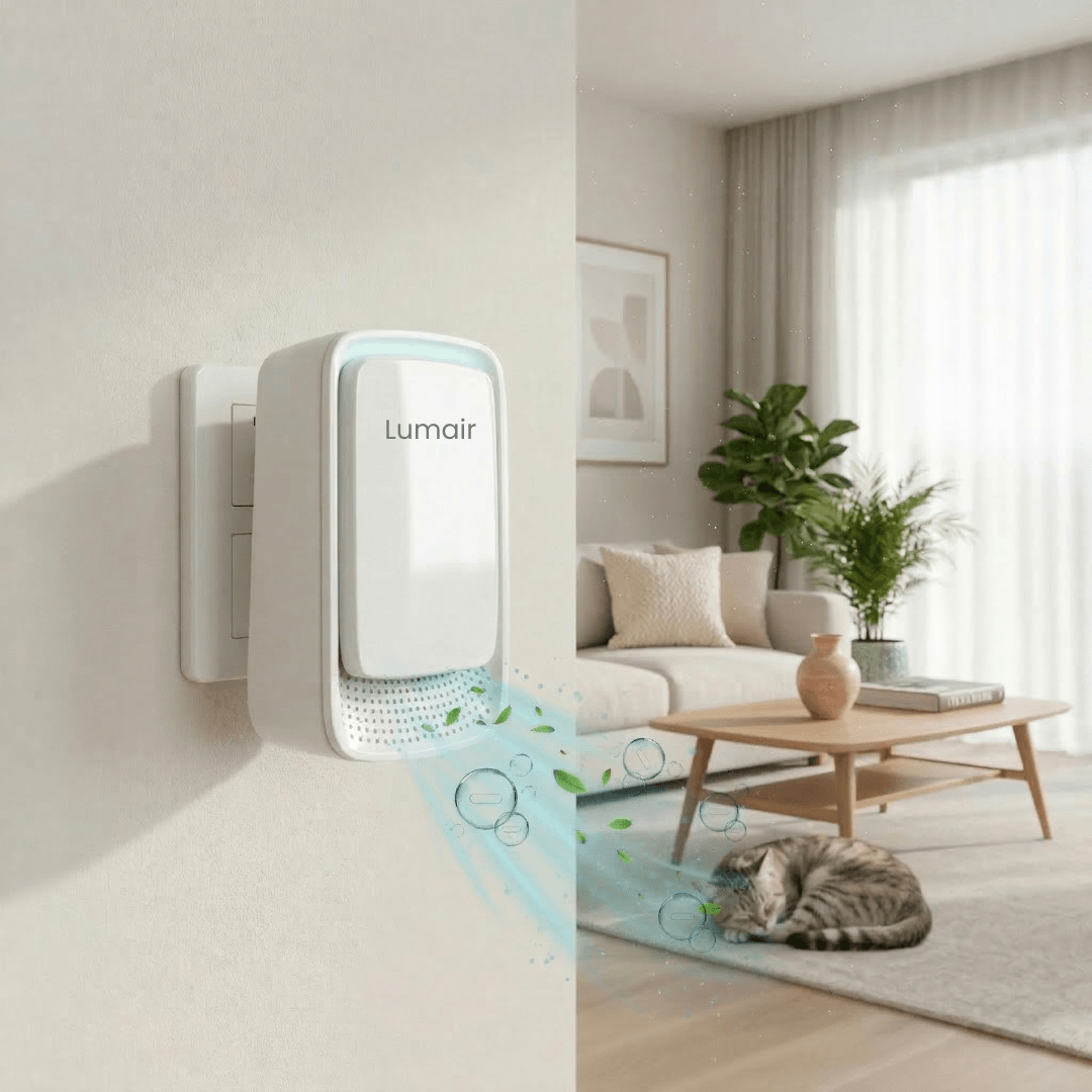 Lumair™ purificateur ionique branché sur prise murale, diffusant des ions négatifs pour purifier l'air intérieur

